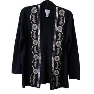 Chico's Embellished Cardigan Sweater Black Knit Open Front